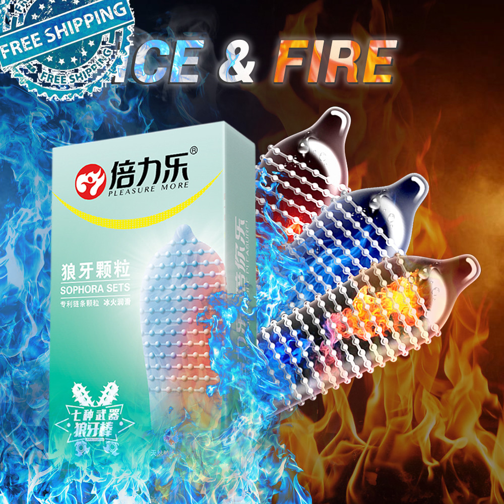 Бесплатная доставка, 10 шт. презервативы с шипами Fire Ice, большие точки, массаж точки G, рукав для пениса, забавные презервативы для мужчин