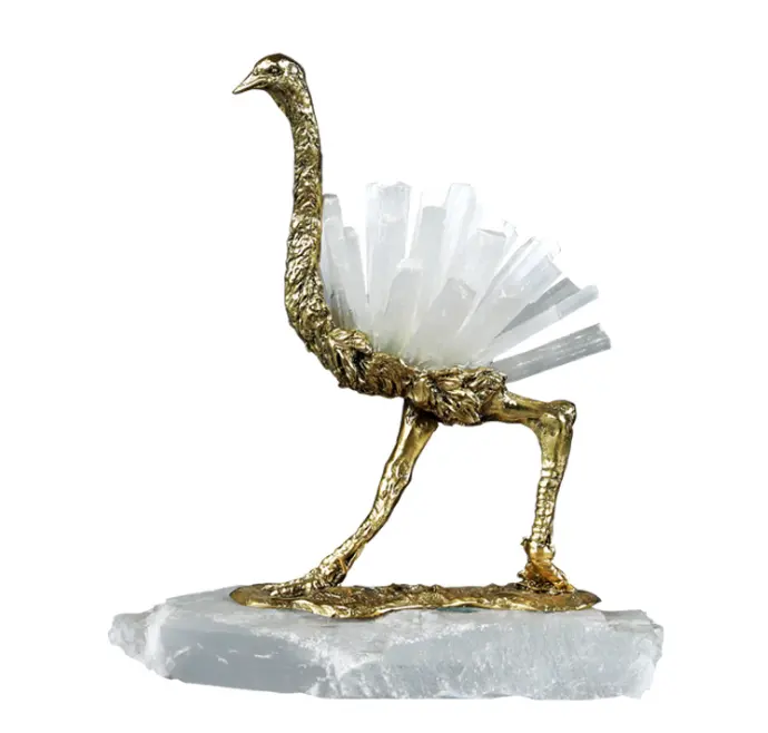 Abstract Zinc Alloy Metal Home Decoration Sculpture Ostrich with Crystal Feather Statue Ornaments Handcraft Gold Color