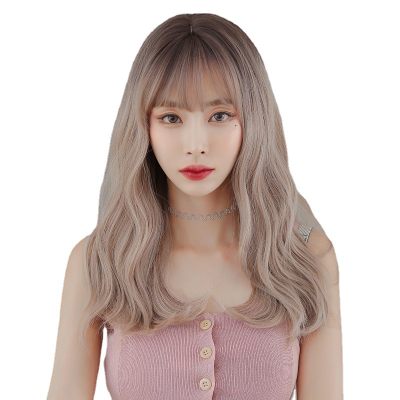 Women's long hair air bangs flax color micro volume long curly hair fluffy natural full head set manufacturer wholesale