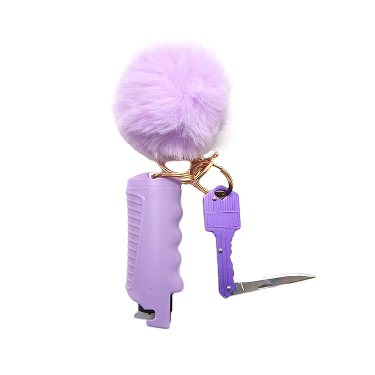 2021 New fashion woman self defense cute pom pom key knife self defense keychain pepper spray keychain