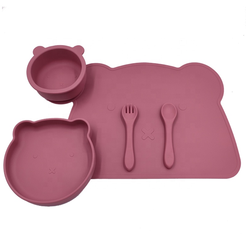 BPA Free With Suction bowl bear shape mat Silicone Baby Feeding Plate Set