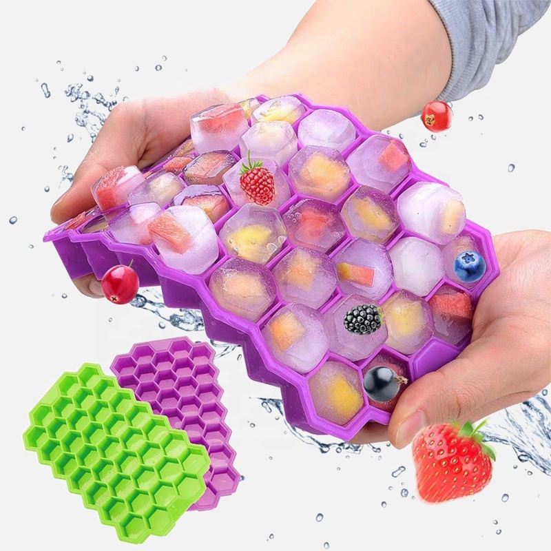 DIY 37 Grids Silicone Ice Tray Cube Mold Honeycomb Tray Maker Ice Cream Molds for Whiskey Cocktail with Lid