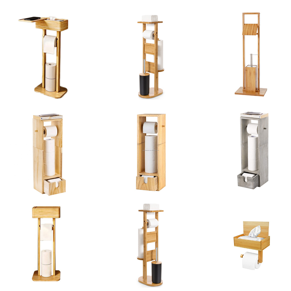 Modern Free Standing Toilet Wipes Dispenser And Tissue Paper Roll Bathroom Accessories Bamboo Toilet Paper Holder