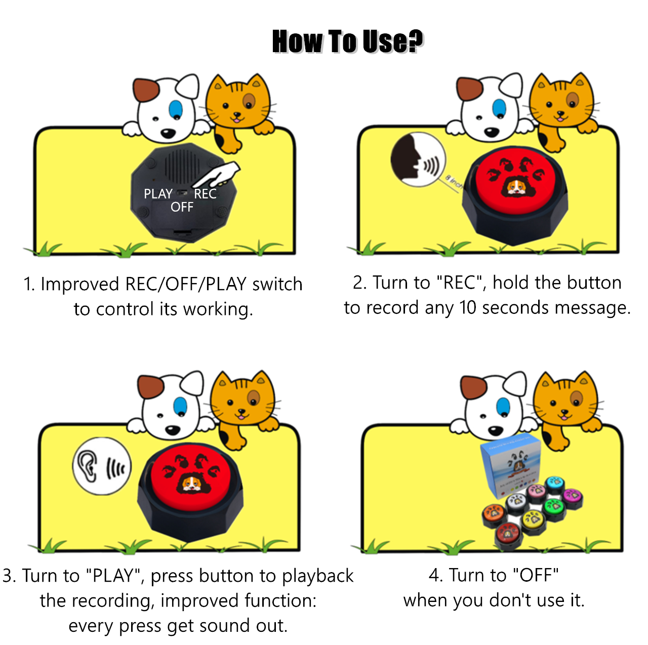 Set of 4 ribosy button sound recordable talking buttons with mat
