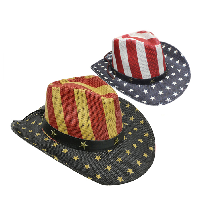 High Quality Men's Paper Straw Cowboy Hat USA American Flag Painting Straw Hat Shapable Brim Sombreros US Flag Straw Cowboy Hat