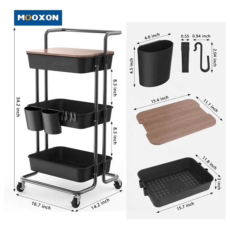 3 Tier Trolley Movable Kitchen Baby Storage Home Organizer Black ABS Plastic Utility Rolling Cart With Cover Board