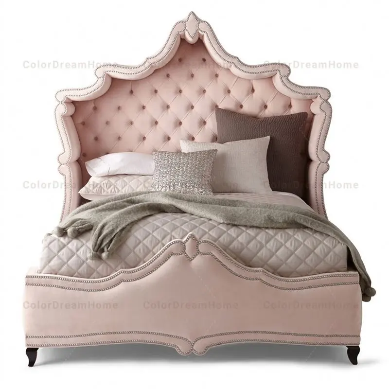 French modern Luxury Solid Wood structure beed Velvet Upholstered Queen Bed
