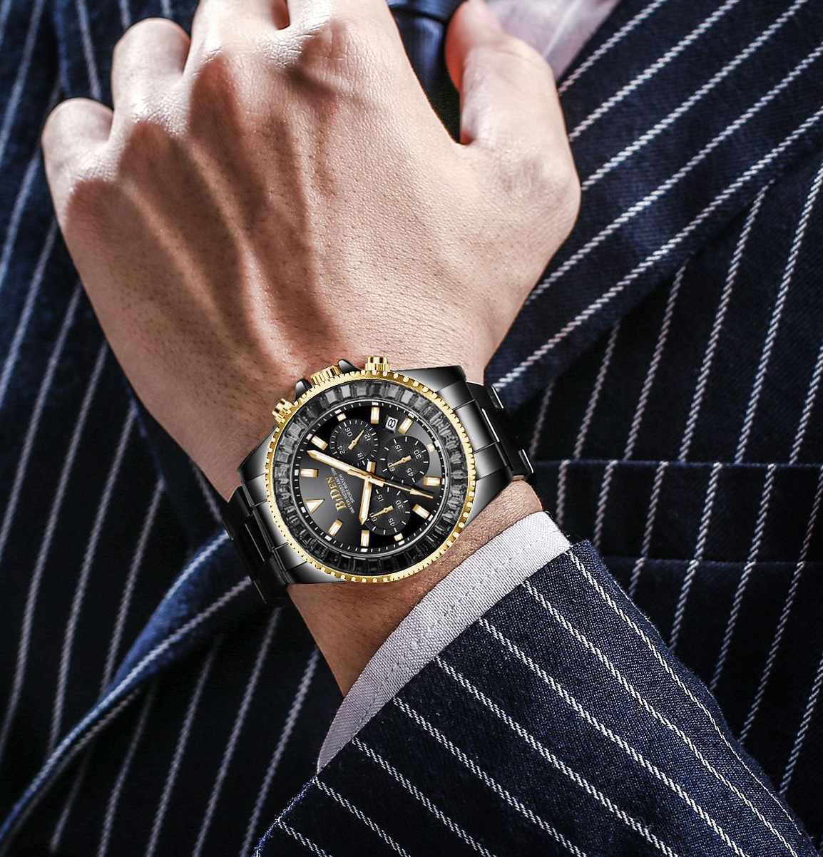Multi Double Solid Color Dial Waterproof Leisure Business Stainless Steel Band Quartz Men Watch