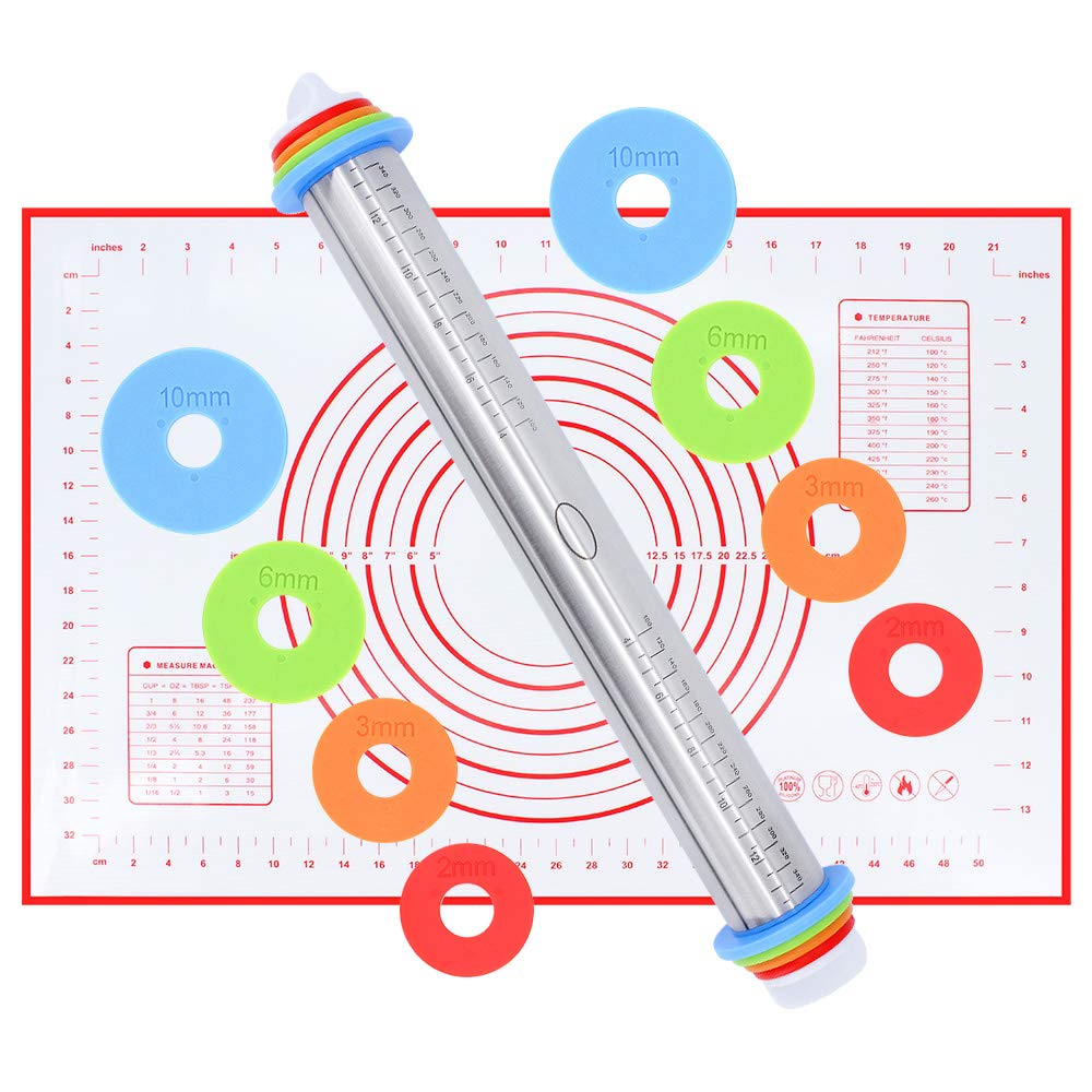 Rolling Pin and silicone baking pastry mat dough roller with removable guide rings and measuring scales for baking,