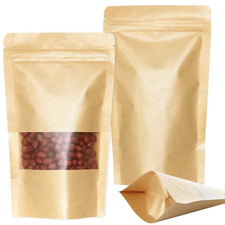 Wholesale Zipper Clear Window Nuts Package Stand Up Pouch Bag Paper Kraft Doypack Transparent