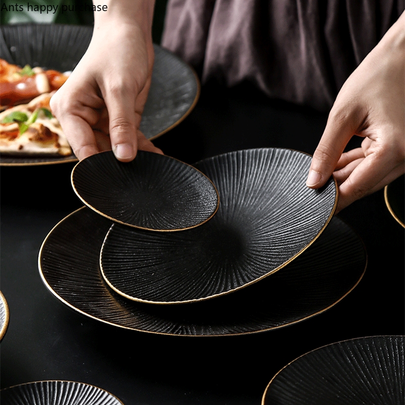 Classic embossed design Eco-Friendly black color stoneware dinnerware set for crockery dinner sets restaurant