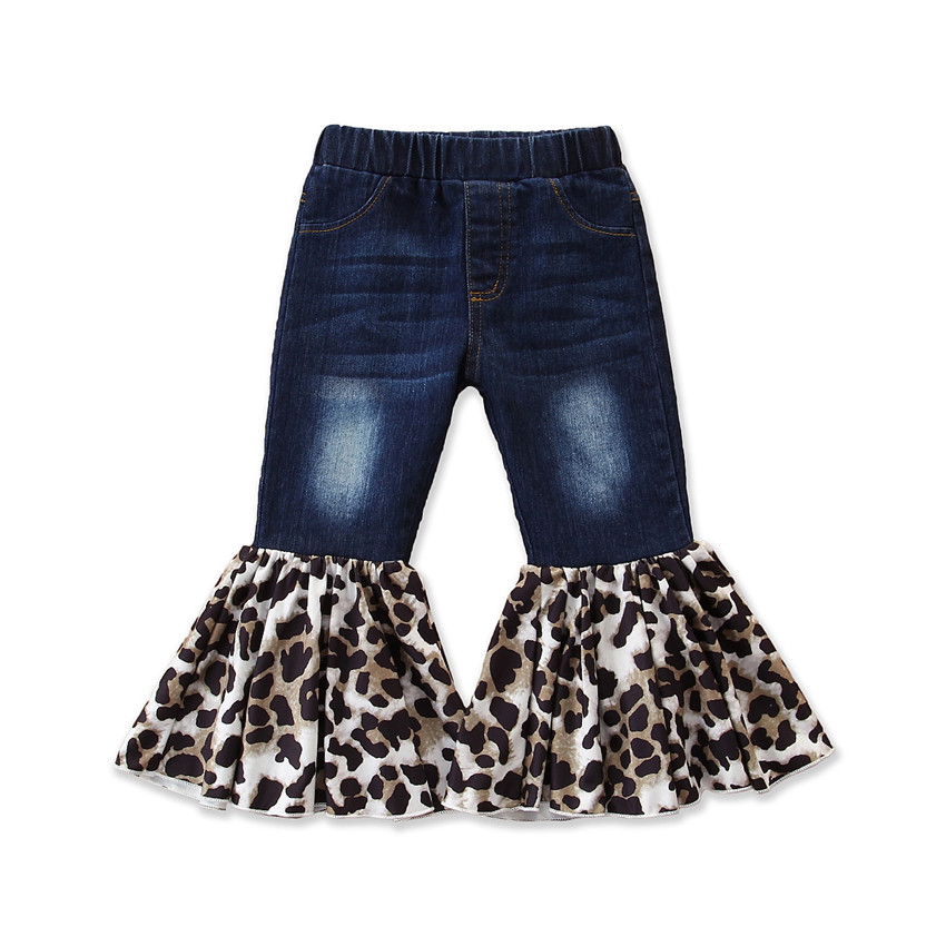 Spring Toddler Infant Baby Leopard Print Ruffle Bell Bottom Flare Trouser Patchwork Navy Denim Jeans Pants for Kids Little Girls