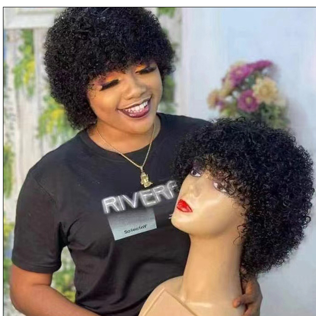 Letsfly Wholesale Cheap Price Full Curly Wigs Colored Afro Wigs with Bang Fast Shipping 100% Human Hair Wigs For Black Woman