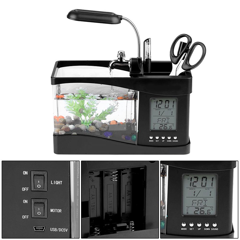 Factory Wholesale Desktop USB Mini Fish Tank Aquarium with LED Light LCD Display Screen and Clock Aquariums   Accessories