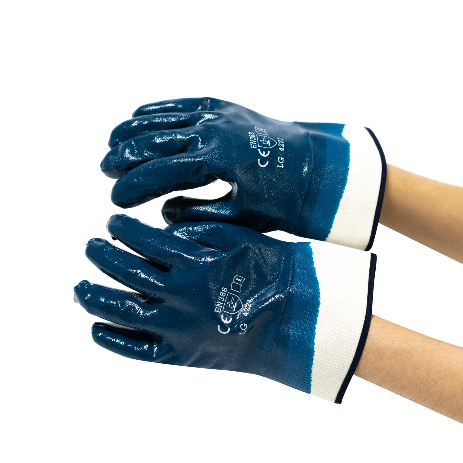 Hot Selling Blue Nitrile Full Coated with Cotton Jersey Work Gloves