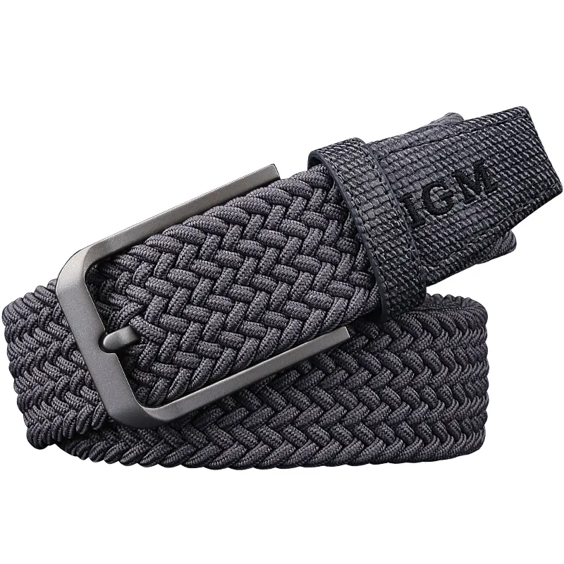 IGM Custom Logo Men's Black Adjustable Braided Stretch Leather End Tip Elastic Stretch Belt