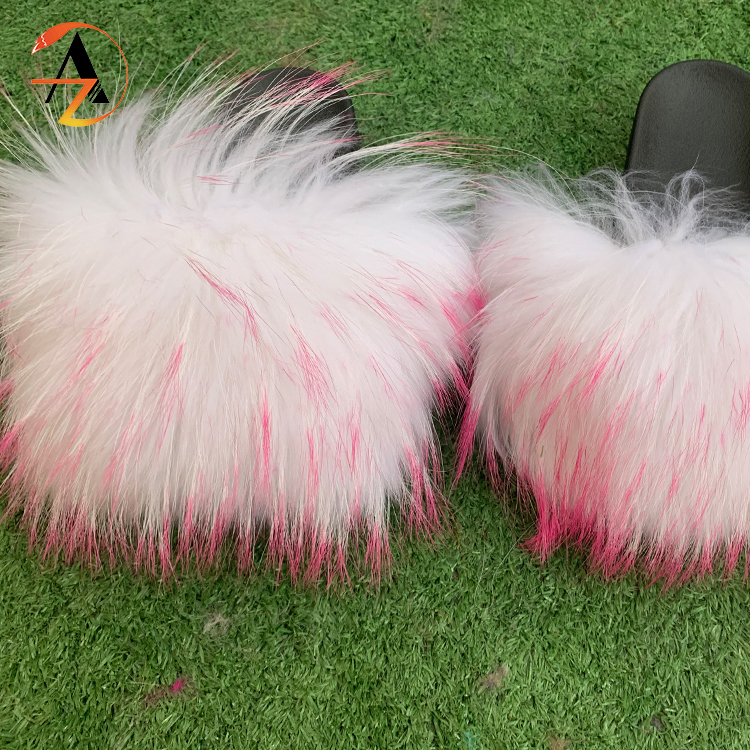 Custom logo brown big fluffy fur slides wholesale fluffy slipper raccoon furry slides