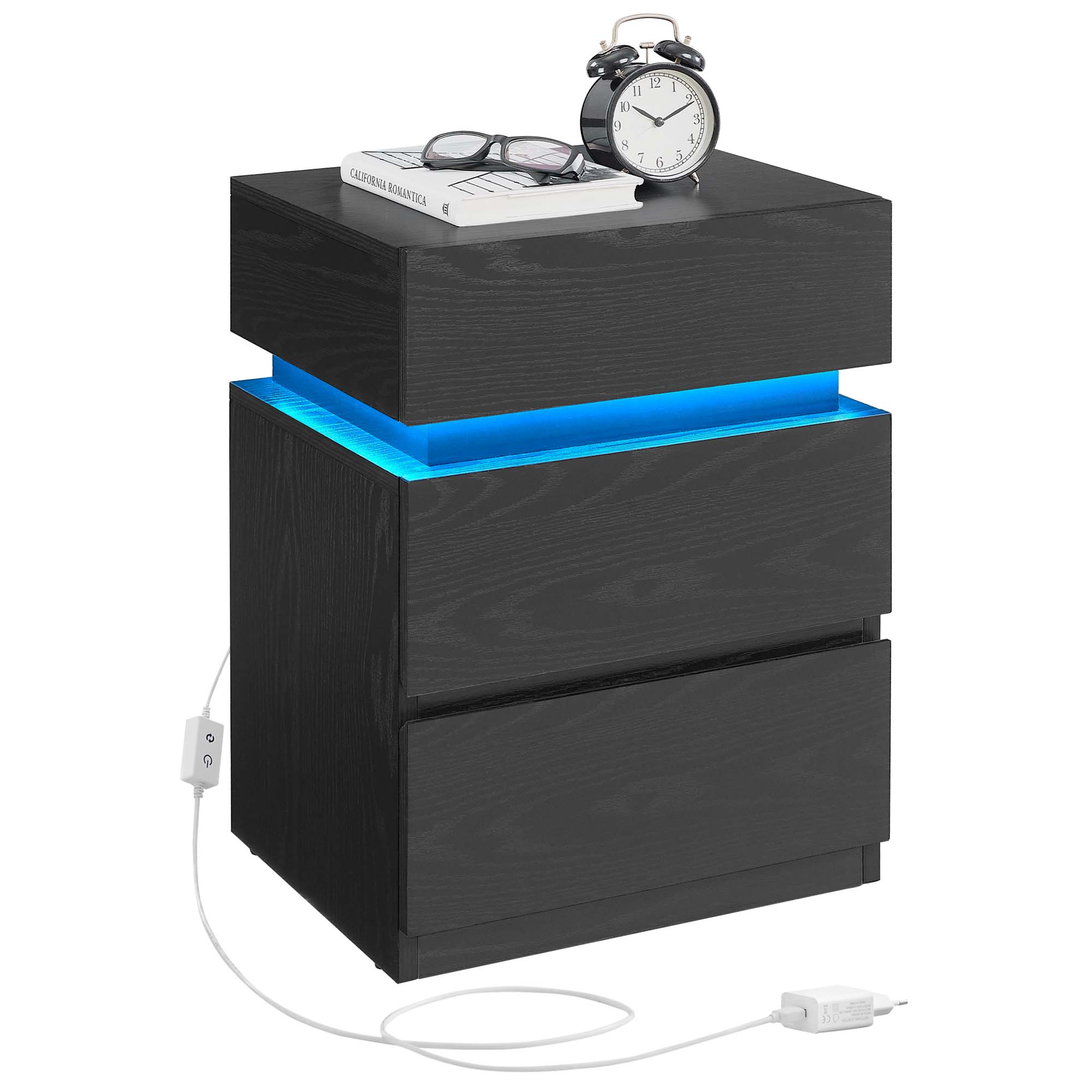 VASAGLE Smart Beside Table with LED Lights 3 Drawers End Table Nightstands