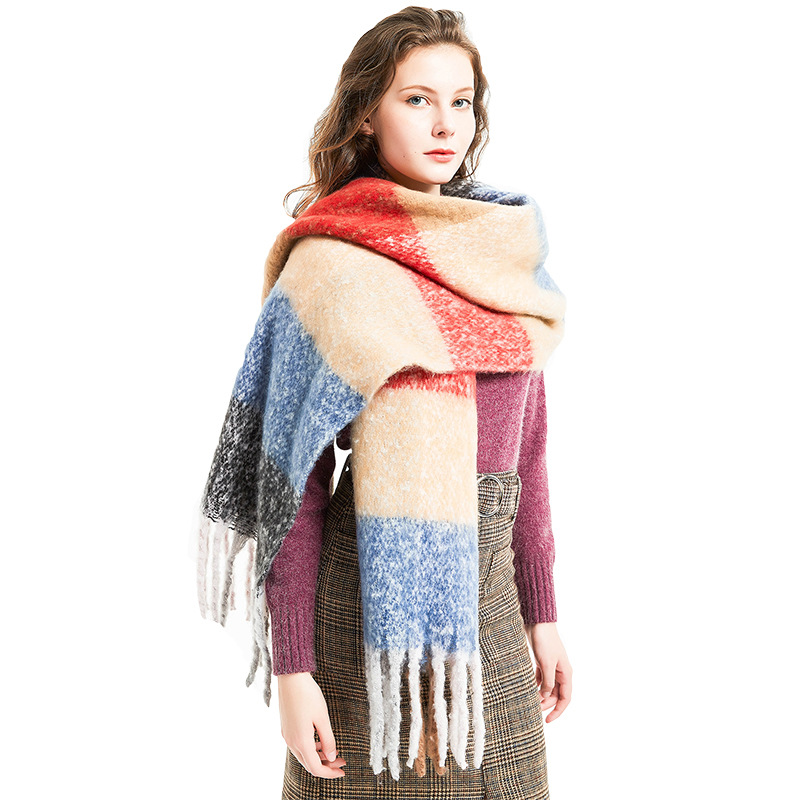 Fashion Extra Large Polyester Thick Warm Scarf Mix Colorful Plaid Cashmere Tassel Wrap Women Shawl