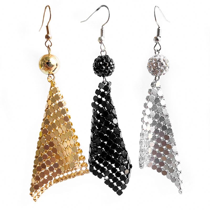 Gold Silver Black Metal Mesh Aluminum Sheet Hoop Earrings Statement Carnival Shiny Nightclub Banquet Style Drop Earrings