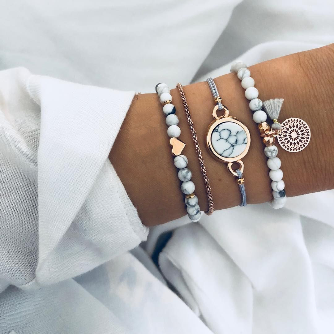 Flynee Boho Бирюзовый 4 шт Набор браслетов регулируемый натуральный камень Шарм бусы браслеты для женщин