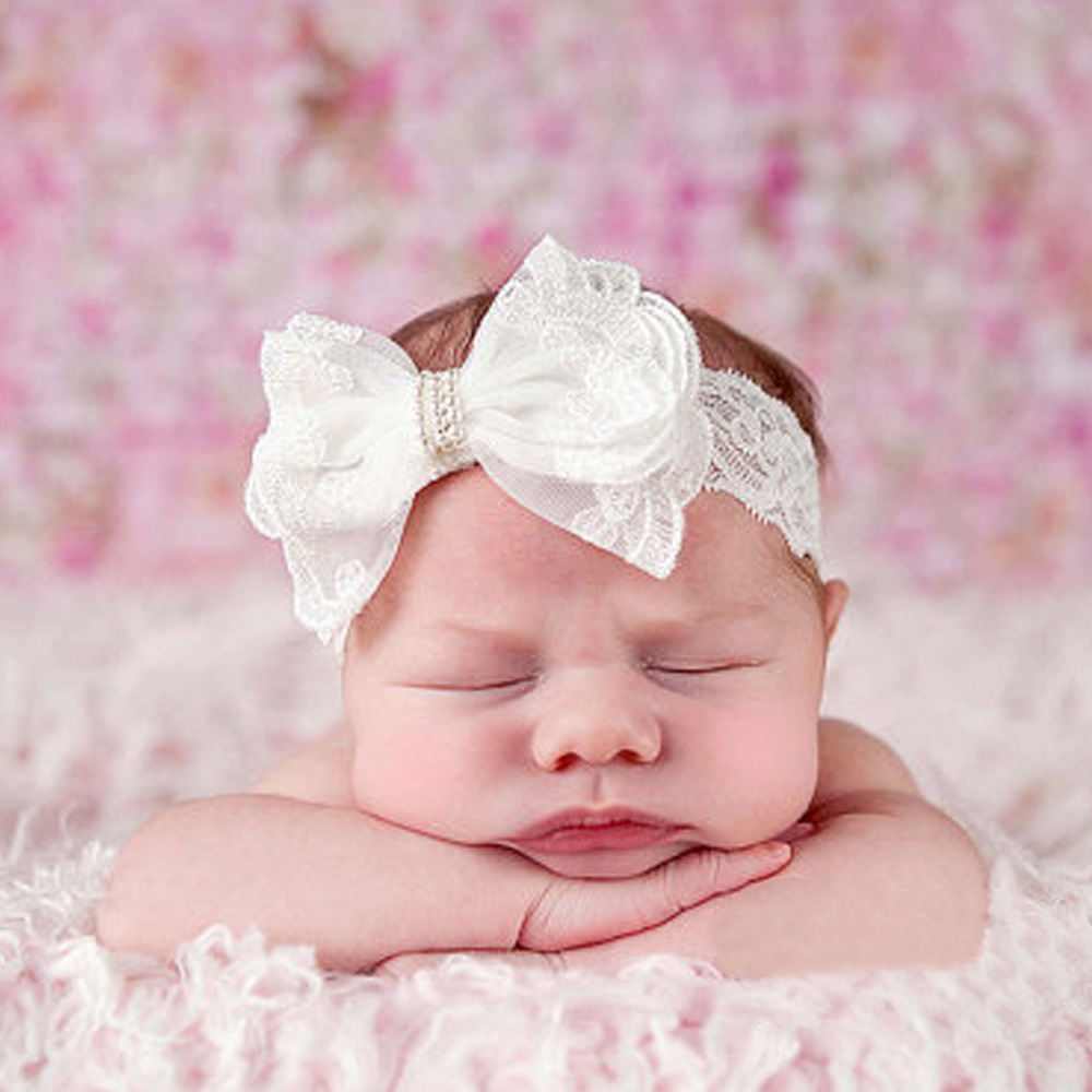 2021 Baby Summer Lace Bowknot Hairbands Solid White High Elastic Headband Kids Cute Cartoon Hair Accessories