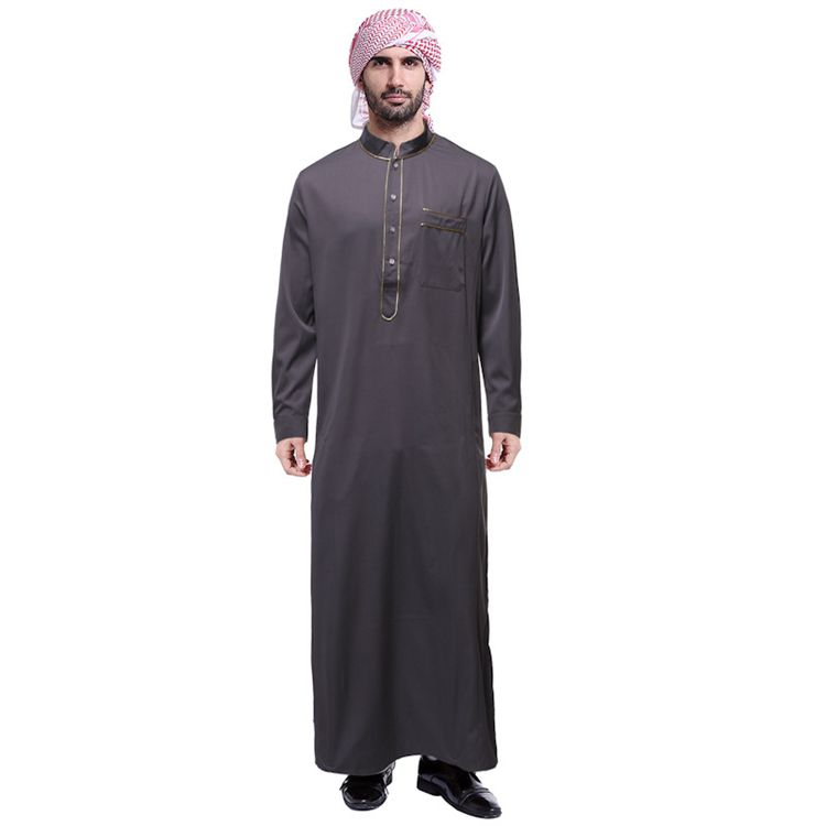 Middle Eastern Muslim Stand Collar Robe Men's Gold Bound Ethnic Style Long Shirt