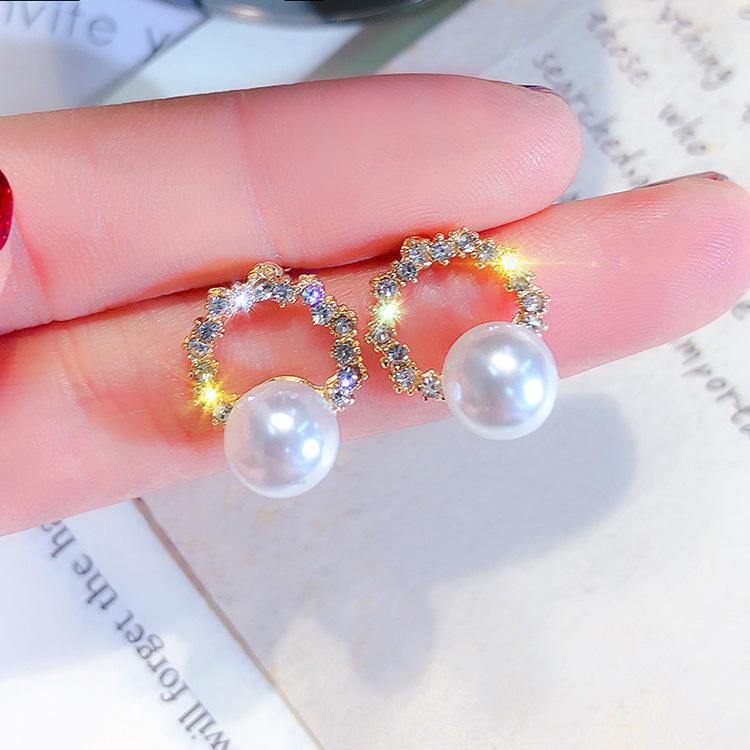 Jewelry 925 silver needle Korean geometric round small pearl earrings simple gentle diamond for women Earrings