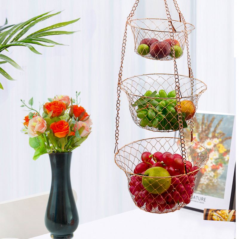 Hot Sale 3 Tier Colorful Metal Wire Hanging Fruit Vegetable Basket Kitchen Storage Basket