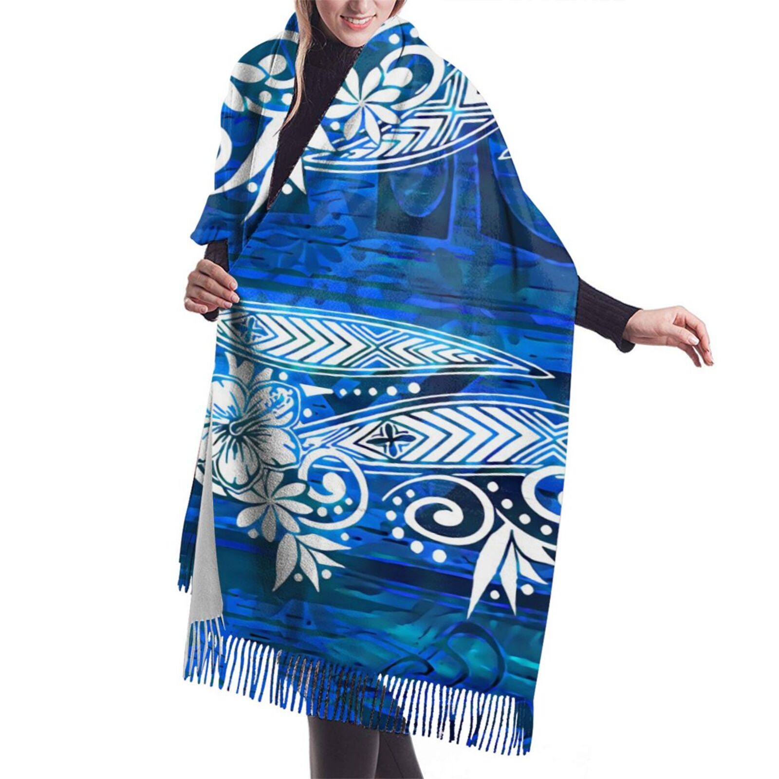 Custom Large Size Women Cashmere Wool Jacquard Scarf Polynesian Tribal Hibiscus Print Pashmina Shawl Comfort Blue Poncho