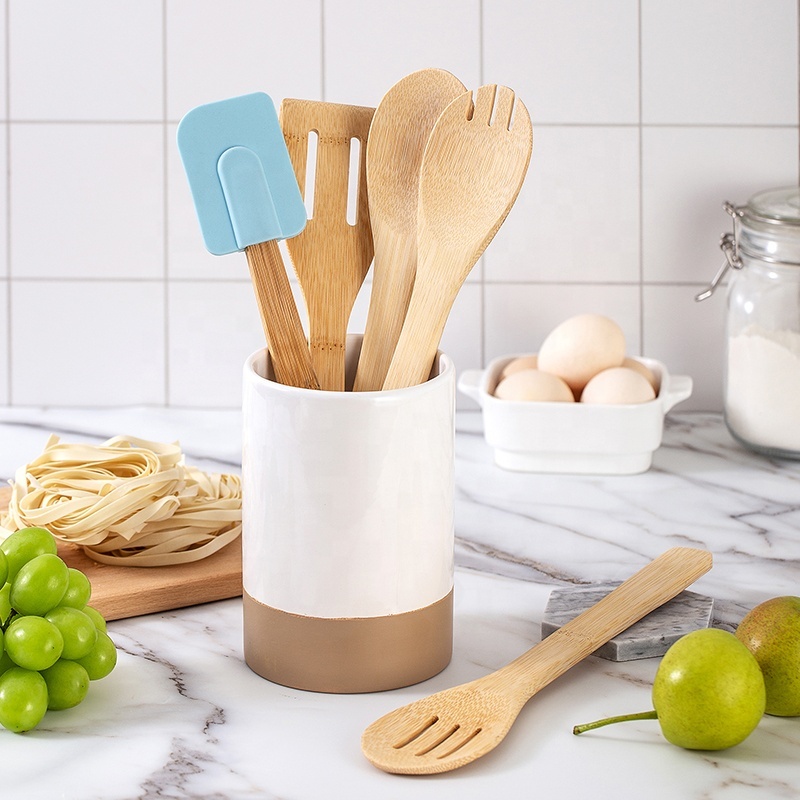 Maisons New Product Kitchen Accessories 6pcs Cooking Utensils with Holder Wooden Handle Non Stick Kitchen Utensils Sets