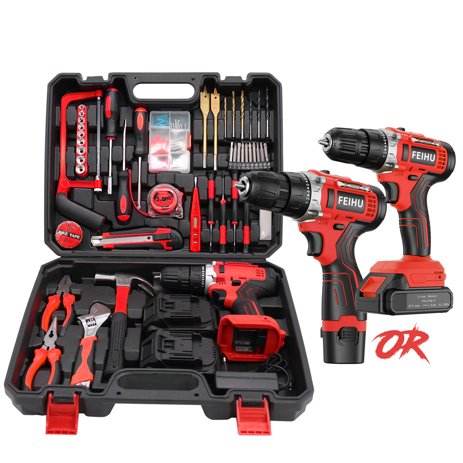 Multi function Woodworking 108 Pcs Home Repair Power Tool Kit Power Drill Set Cordless Screwdriver Drill Battery