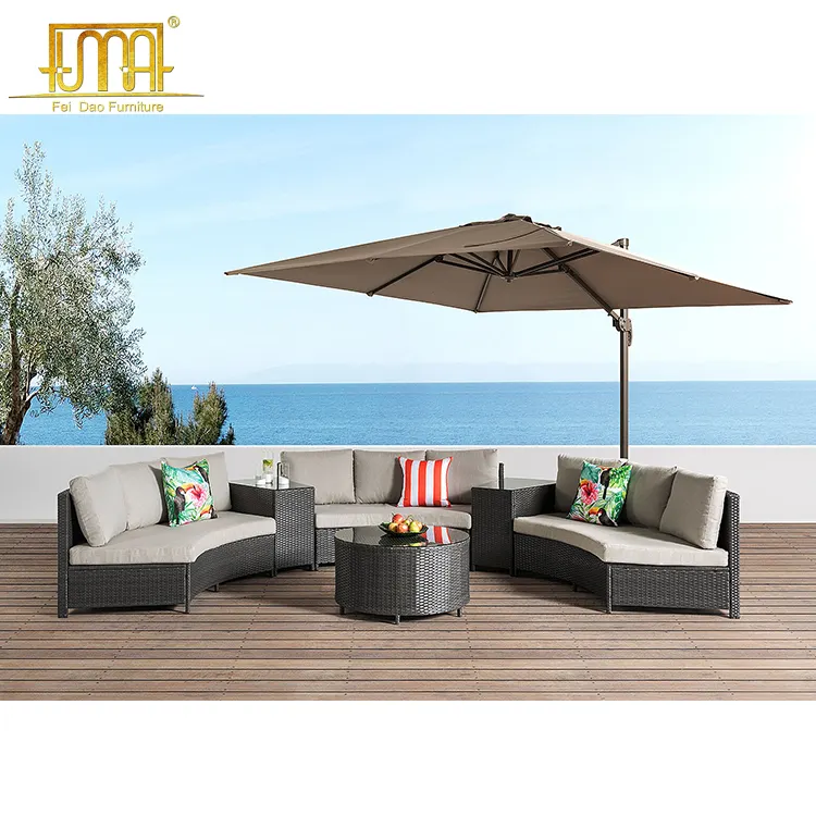 Wicker 6 Piece Round Upholstery Outdoor Lounge Sofa With Umberlla
