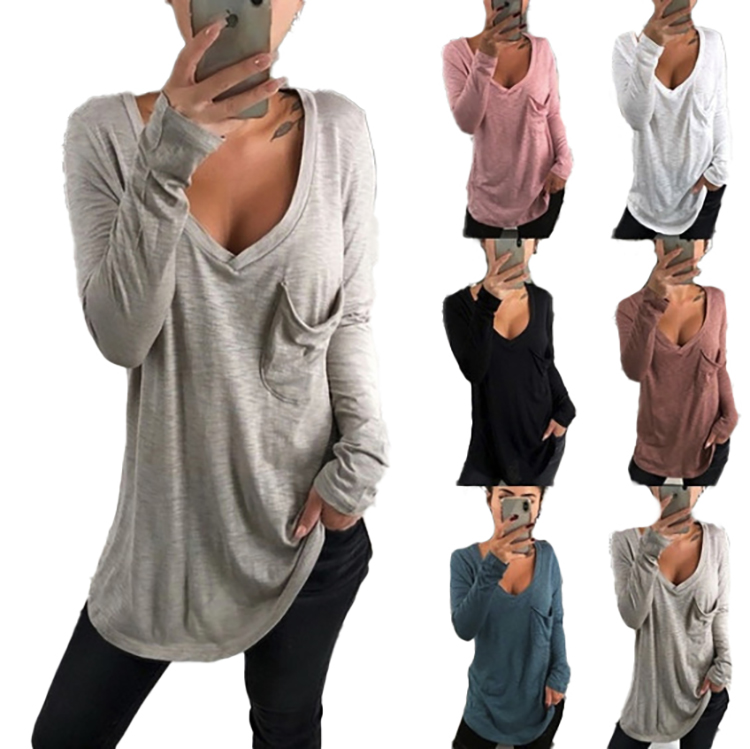 Wholesale 2021 Summer Casual Plus Size Long Sleeve Sexy V-neck loose Pocket Bottomed Oversized Women's Plus Size T-Shirt