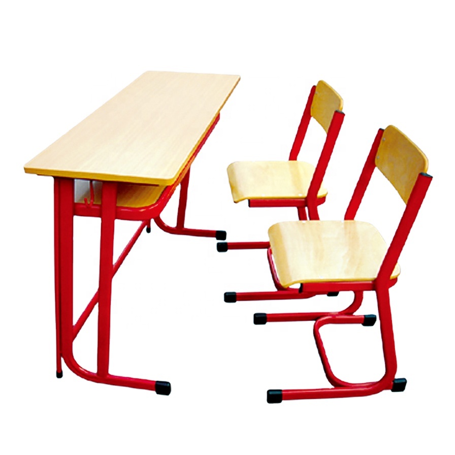 Plywood table top red color frame classroom desk and chair set student school sets school table set