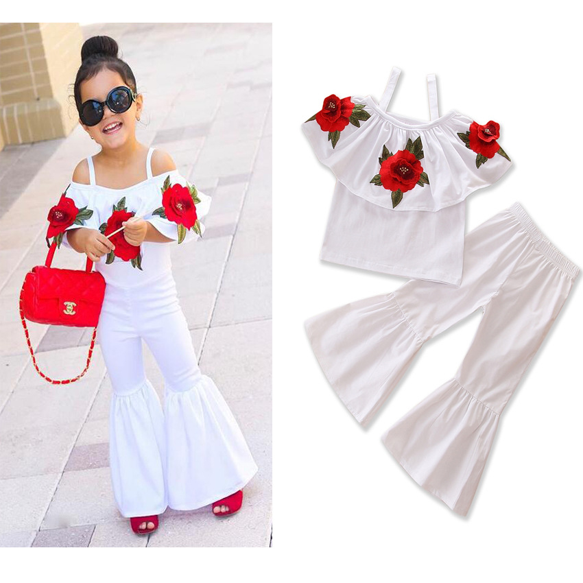 lyc-4008 Summer Toddler Baby Girl Clothes Flower Off Shoulder Ruffled Tops+Denim Pants Jeans 2pcs Outfits Set