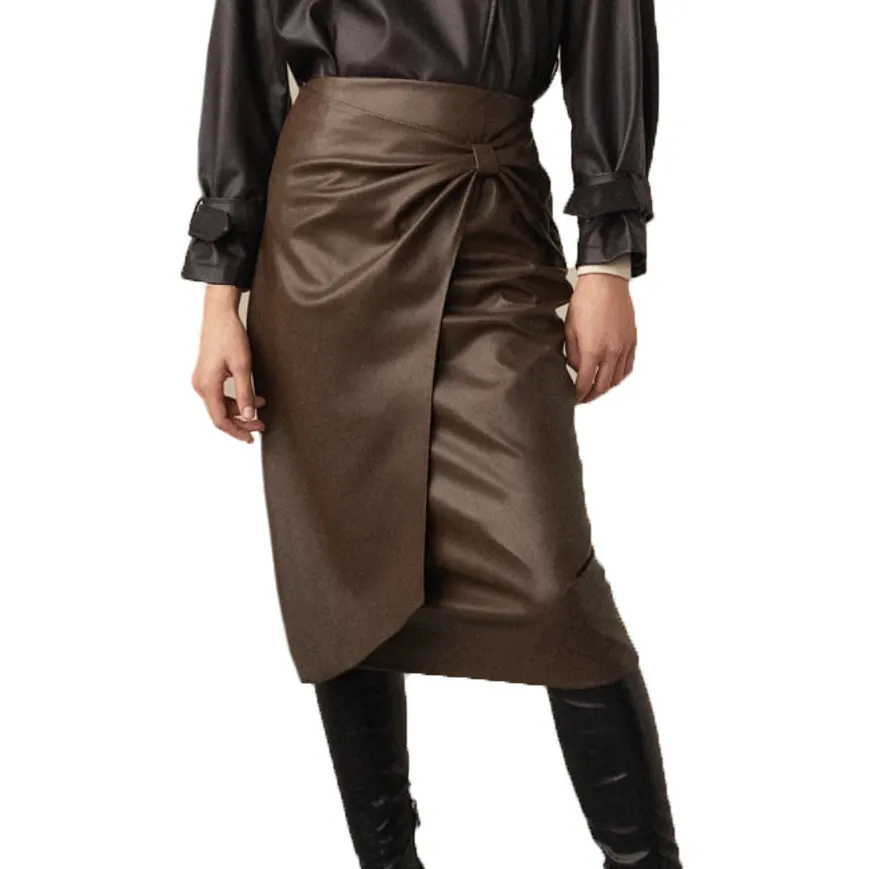 Fashionable Women Elegant Brown Pencil Skirt Faux Leather Wrap Front with Bow High Waist PU Midi Skirt