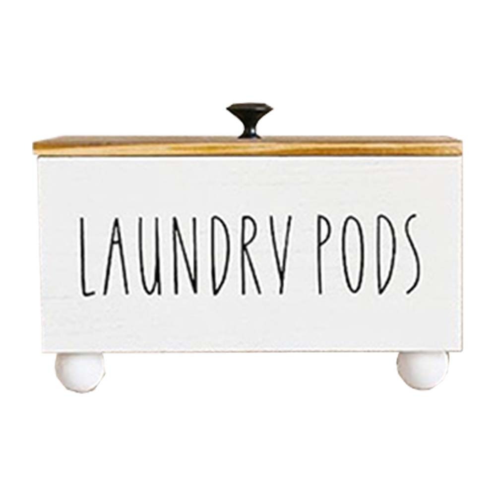 Rustic Multifunctional Laundry Detergent Storage Organizer Box Wooden Pods Caddy Carved Lid Farmhouse Laundry Dispenser Bag