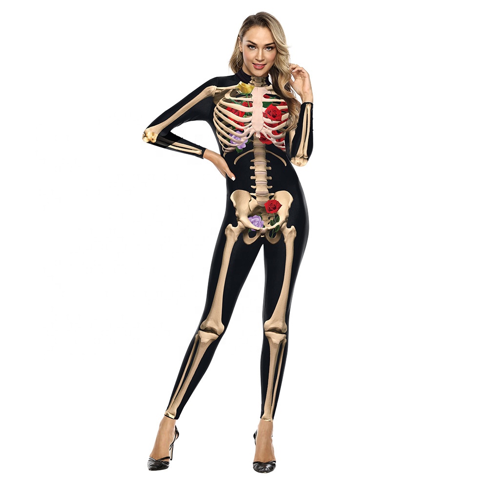 3D digital printed skeleton slim zentai suit with high neck long sleeve women skeleton halloween jumpsuit zentai suit