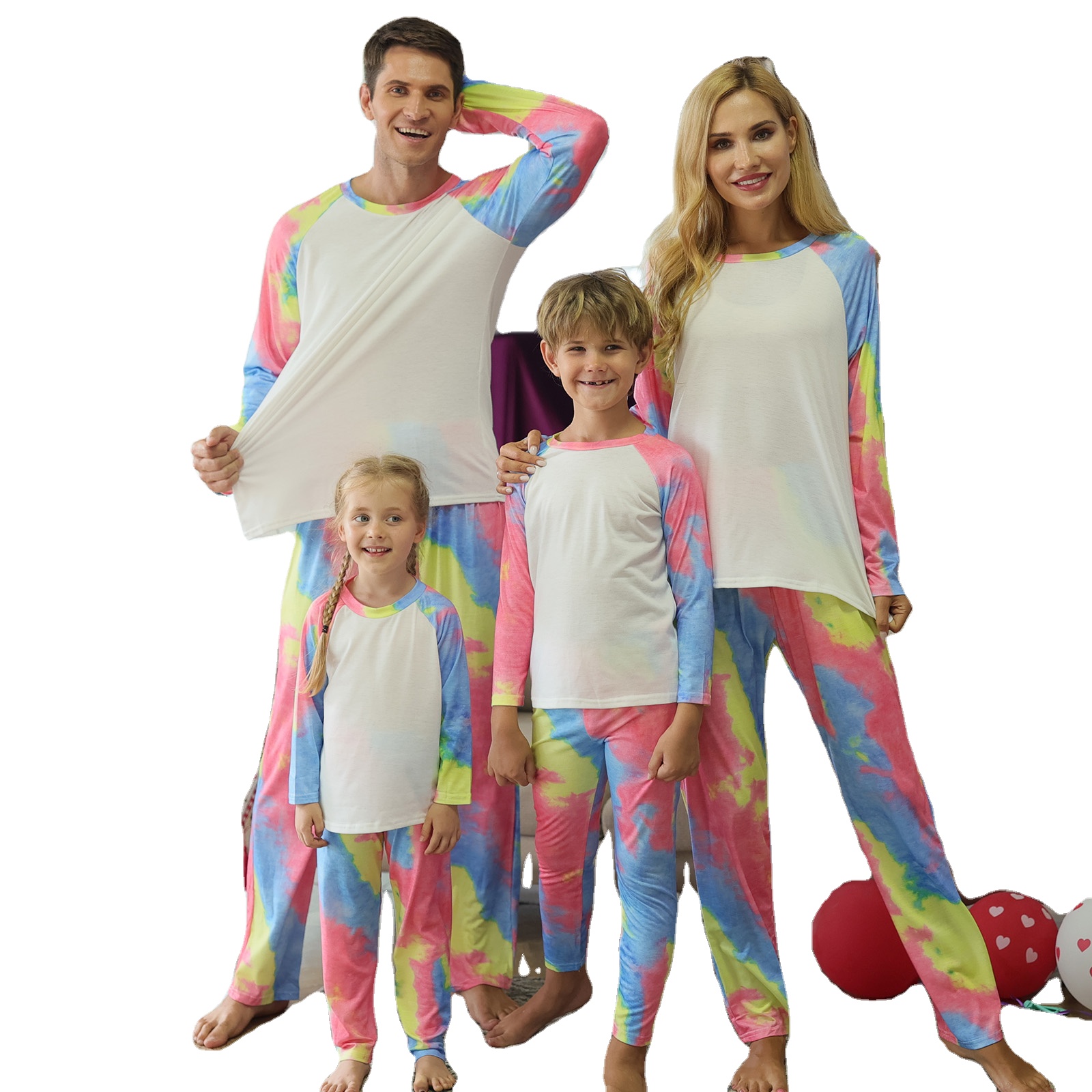 Christmas Polyester Home Suit Tie-dye Printed Long Sleeve Plain Blank Body And Pants 2Pcs Sets Pajamas For Sublimation Sleepwear