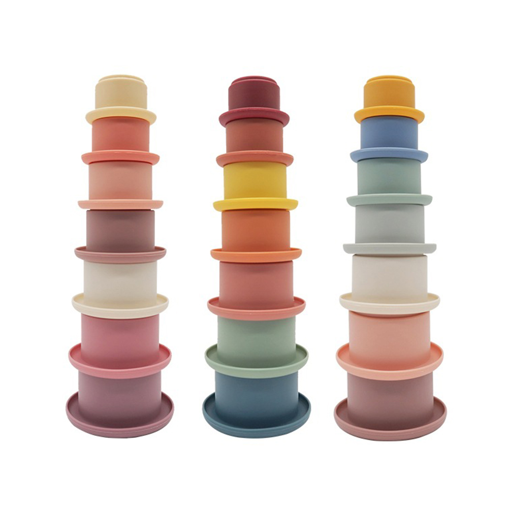 Rainbow Stacking Cup Baby Stack Up Cups BPA Free Silicone 7pcs/set Factory Price Customized Logo And Brand LOW MOQ