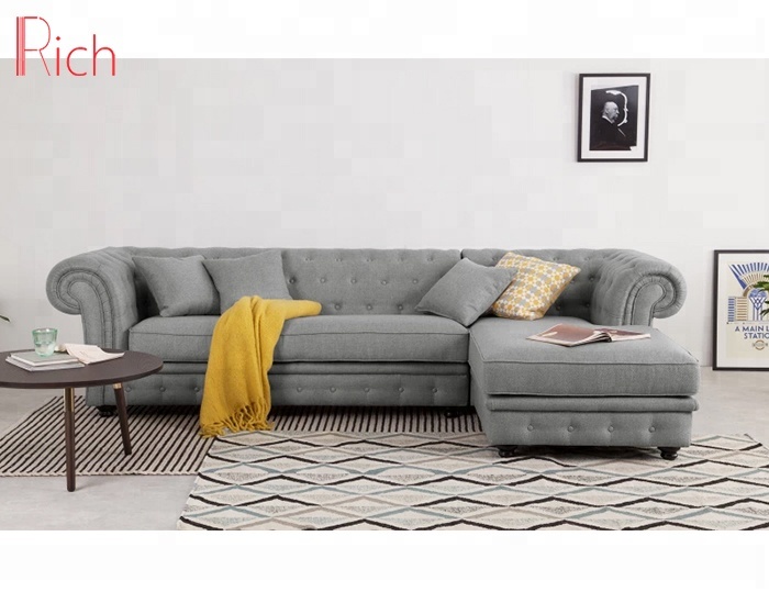 European Style Grey Chesterfield Corner Sofa Set Fabric Sectional Sofa Button Tufted L Shape Corner Sofa For Living Room