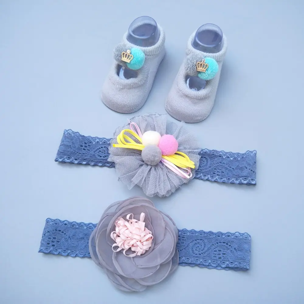 In Stock Wholesale Newborn Gifts Box Pack Fancy Lace Bow Flower Headband Set Anti Slip Cotton Baby Socks