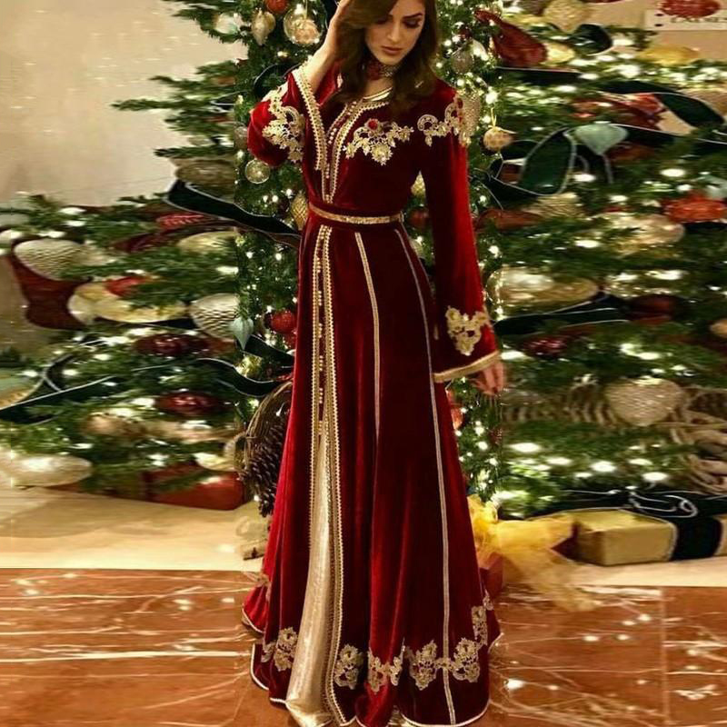 Matchyou Dubai Velvet Burgundy Prom Dress With Gold Lace Moroccan Kaftan Aarabic Evening Dresses Muslim Party Dresses Gowns