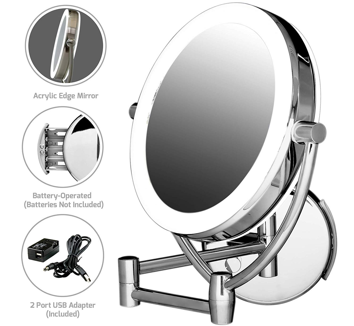 2 Face Dual Arm Extend Living Room Led Round Mirror Furniture for Makeup Sale White Basic Decor OEM Customized Steel Box Good