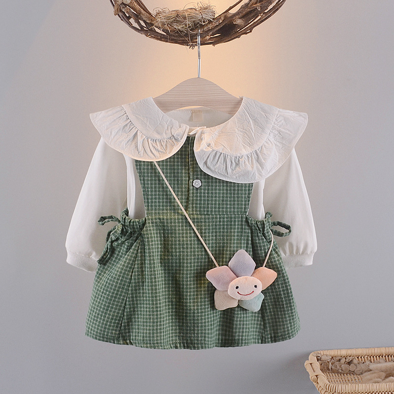 Spring New 3 Colors 3Pcs Lace Collar Shirt Cotton Skirt Cute Bag Set Princess Baby Summer Dress
