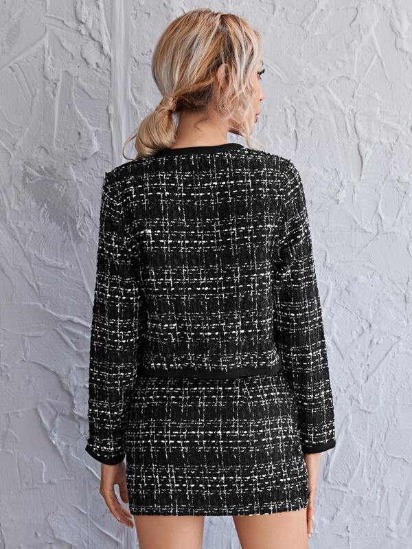 Autumn Long Sleeves Women Sets Two Piece High Quality Plaid Raw Trim Tweed Casual Woman Single Breasted Jacket   Skirt Set