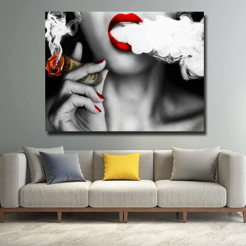 ZOOYA Pop Wall Art Decor Poster Women Smoking Money Red Lips Girl Art Wall Painting Custom Canvas Print