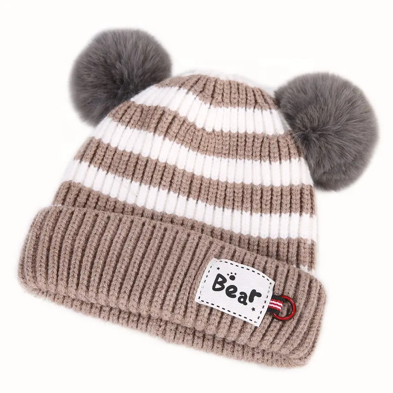 Hot Selling Winter Style Stripe Fuzzy Ball Wool Thimble Knitted Baby Head Cap Hair Accessories For baby Kids