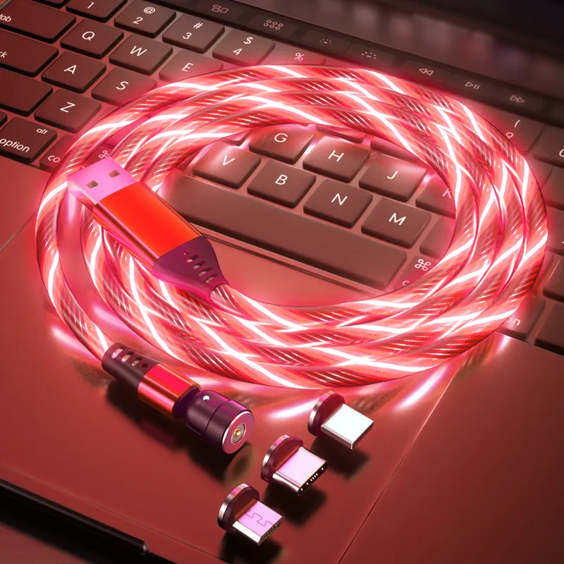 3 In 1 Light Usb Luminous Glow Flowing Mobile Phone Cable Wholesale Magnet Charger  Cable 540 degree magnetic cable led
